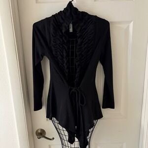 Emerald USA Black Waterfall Front Tie Waist Cardigan Long Sleeve Knit Sz S EUC